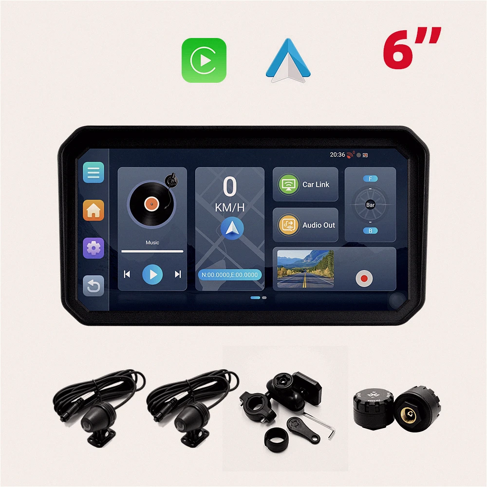 Portable Motorcycle Touch Screen Navigation Player, 6" Android 14 System Built-in CarPlay Android Auto DVR USB Connection