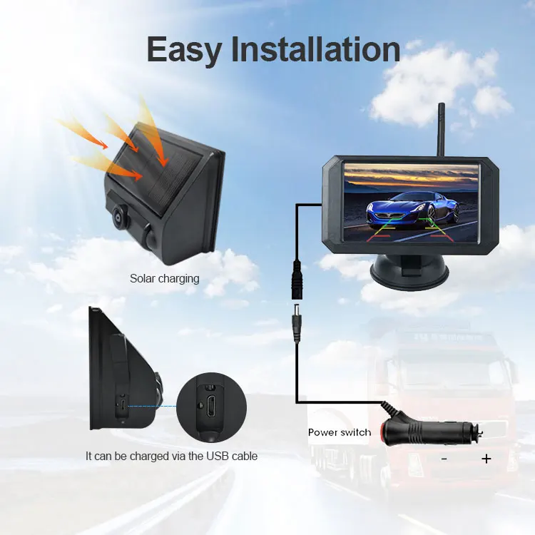 5" Solar Wireless Backup Camera System with Gesture Swipe Display, Touchless Control Rear View Monitor, No-Drill Solar Powered Car Reversing Aid Kit - Image 5