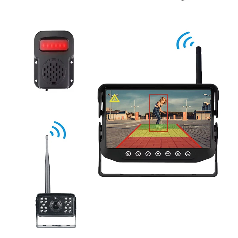 7 Inch AI BSD Wireless Backup Camera System 1080P Night Vision Waterproof Monitor with Voice Alarm & Obstacle Detection for Truck Safety