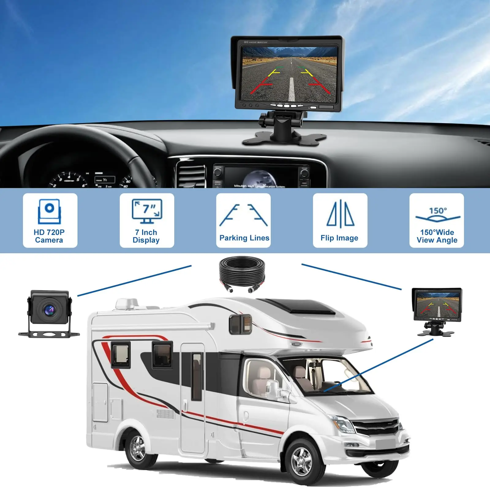 7 Inch 1080P HD LCD Monitor + Reversing Camera System, 170° Wide Angle, IP68 Waterproof Night Vision, 12V-24V Universal for Truck Van Trailer - Image 2