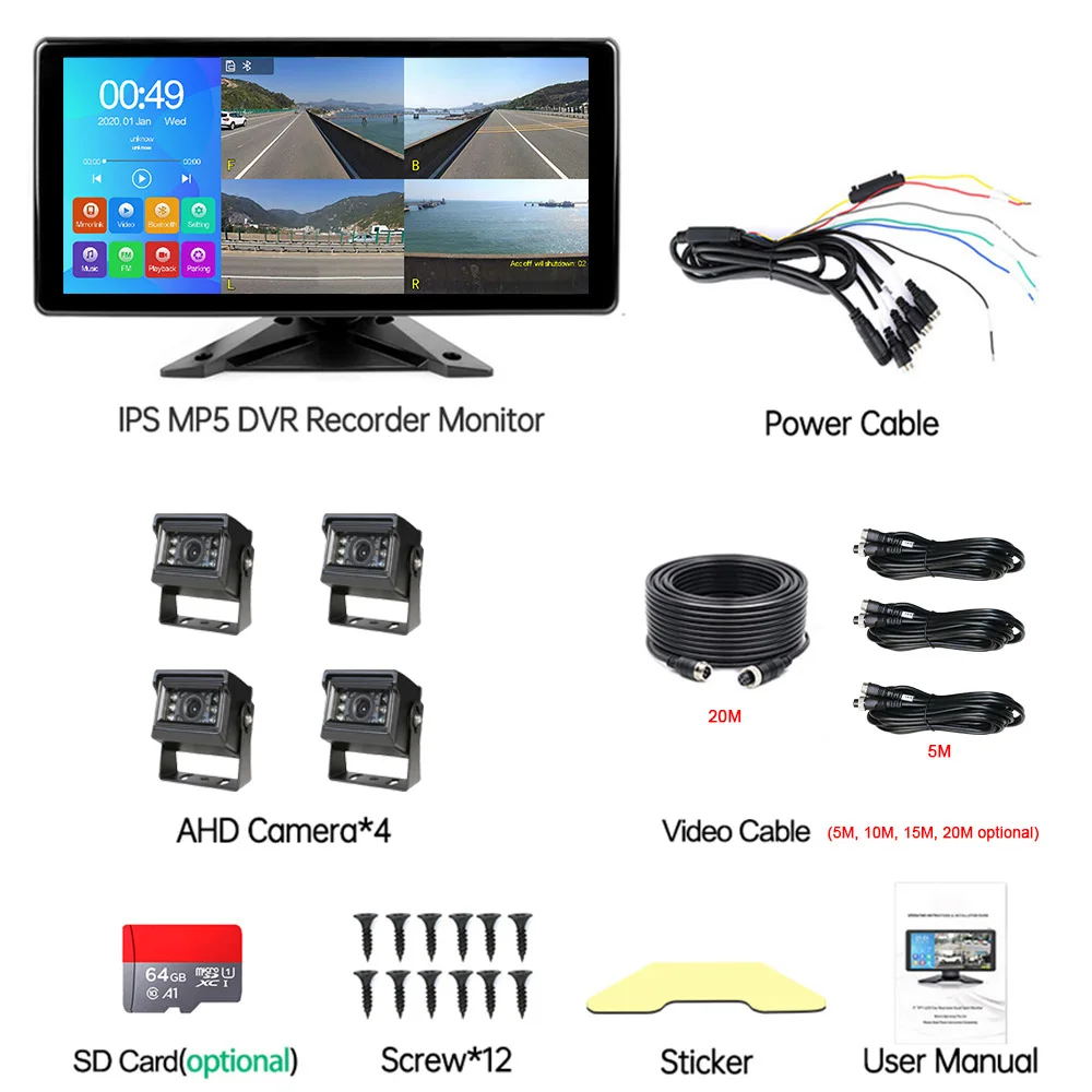 10.36" 4CH AHD 1080P Truck DVR Monitor System, Wide Angle Reverse Backup Camera System, HD Touch Screen Vehicle Surveillance for Truck, Bus, RV, Semi-Trailer - Image 6