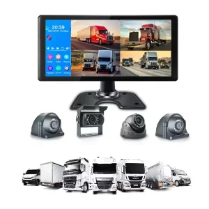 10.36 Inch IPS Quad Split Screen Monitor 1080P HD 360° View Camera System with Loop Recording SD Card USB for Car Truck Bus