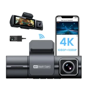4K+1080P Three-Channel Dash Cam, 3.2" IPS Screen Car Dashboard Camera with GPS, WiFi, Night Vision & 150° Wide Angle
