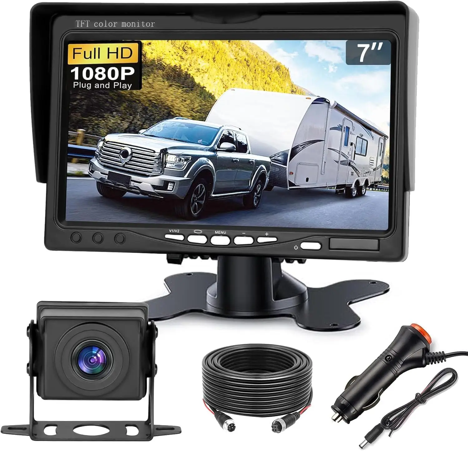 7 Inch 1080P HD LCD Monitor + Reversing Camera System, 170° Wide Angle, IP68 Waterproof Night Vision, 12V-24V Universal for Truck Van Trailer