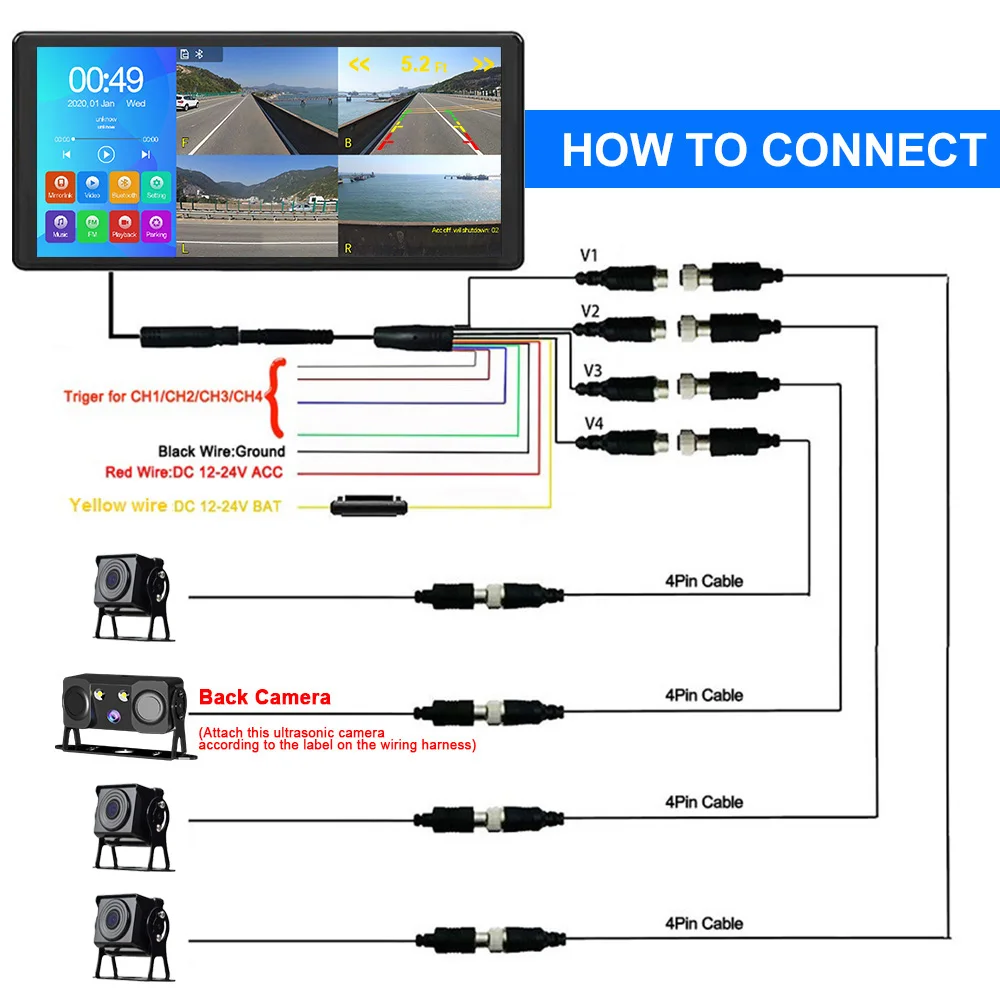10.36" 4CH Truck Backup Camera System with DVR Monitor, HD Touch Screen Quad Split Screen Reversing System, Waterproof Rear View Camera Kit for Truck, Bus, RV - Image 5