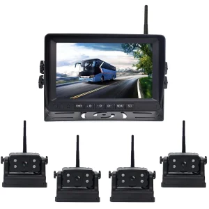 7" Wireless Truck Backup Camera System with 4 Parking Sensors, 4CH HD Quad Split Monitor, Wireless Reverse Radar Distance Alarm Kit for RV, Semi, Trailer