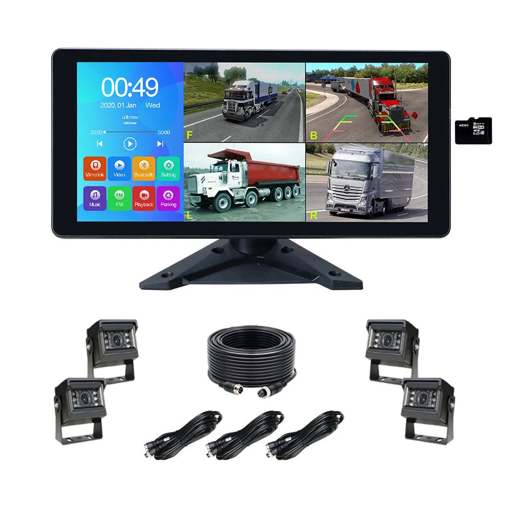10.36" 4CH AHD 1080P Truck DVR Monitor System, Wide Angle Reverse Backup Camera System, HD Touch Screen Vehicle Surveillance for Truck, Bus, RV, Semi-Trailer