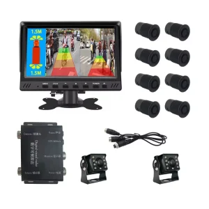 Fleet Vehicle Security System with 8 Parking Sensors, Dual Channel Digital Monitor & Auto-Trigger Backup Camera for Trucks, Buses, Commercial Fleets