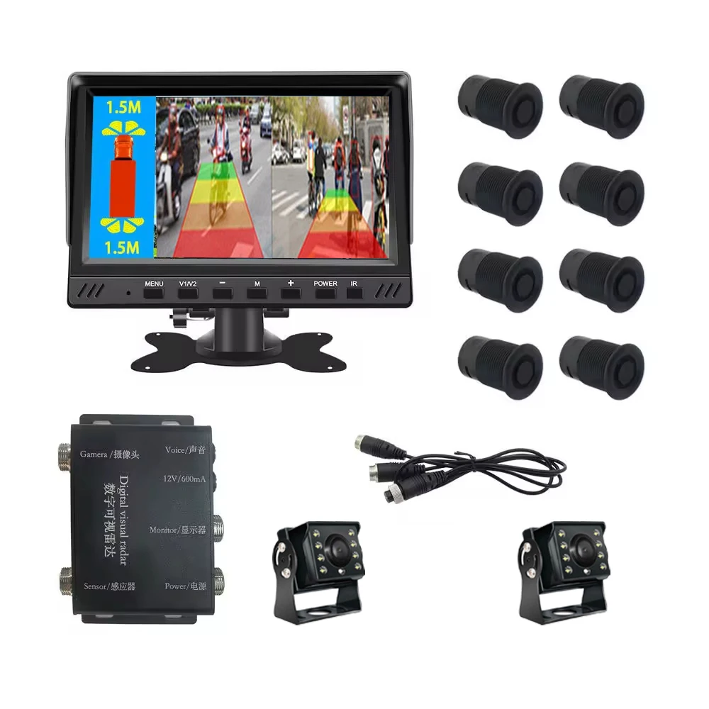Fleet Vehicle Security System with 8 Parking Sensors, Dual Channel Digital Monitor & Auto-Trigger Backup Camera for Trucks, Buses, Commercial Fleets
