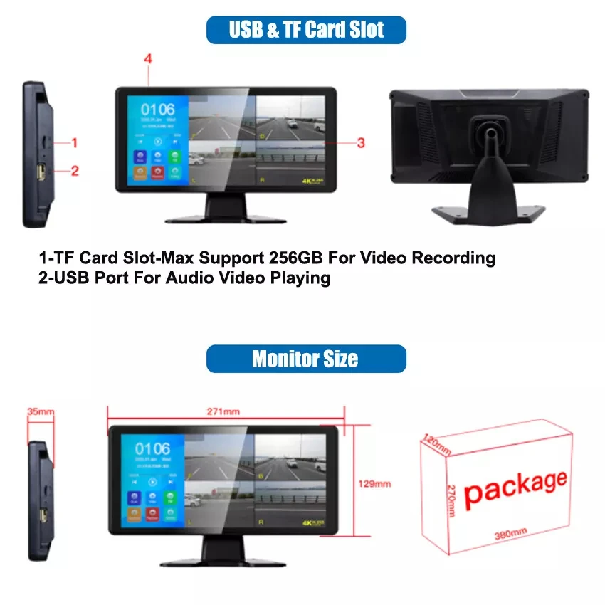10.36 Inch Quad Screen Monitor 4CH HD Backup Camera 360° Panorama Parking DVR System Waterproof Reverse Camera Kit for Truck RV - Image 4