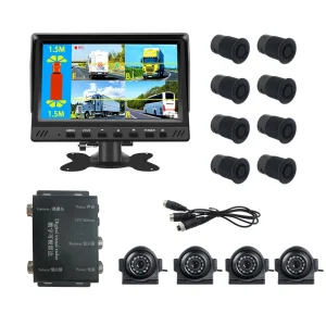 4CH Truck Backup Camera System with 8 Parking Sensors, 1080P Quad Split Monitor, Auto-Trigger Reverse Safety System for Commercial Trucks, Bus, Fleet