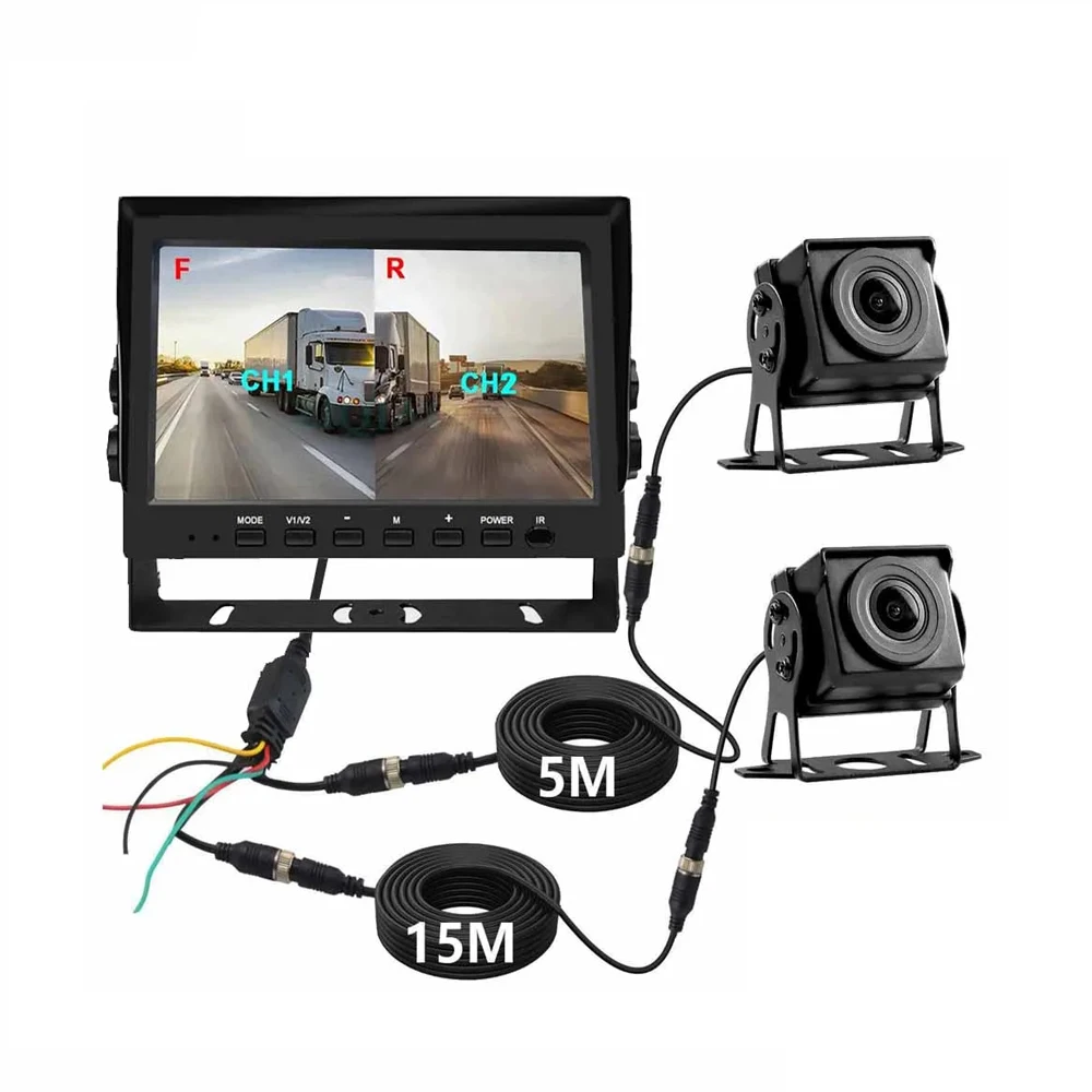 4PIN Extension Cable 7 Inch Dual Split Screen Monitor 2CH AHD 1080P Waterproof Night Vision Reverse Backup Camera System for Truck Bus