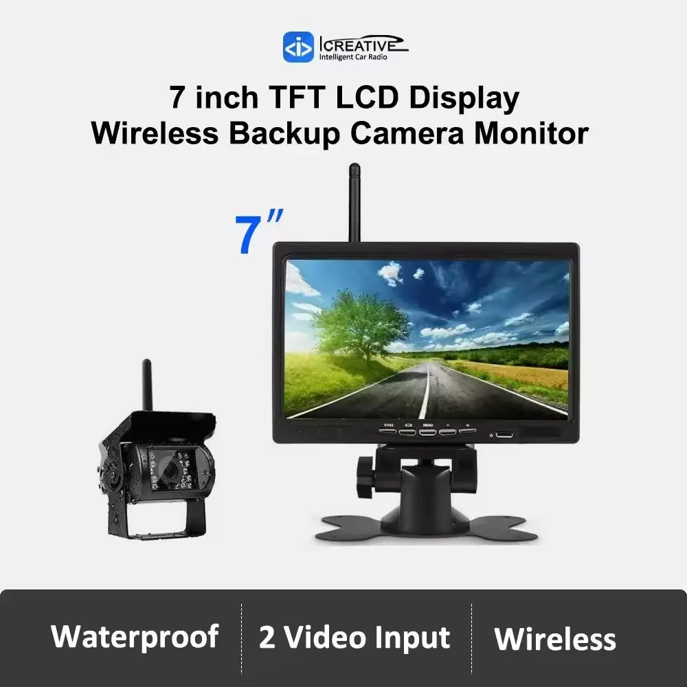 7" Digital Wireless Backup Camera System, 12V-24V Waterproof Rear View Monitor Kit, Stable 2.4GHz WiFi Reverse Camera for Trucks, RVs, Trailers, Buses - Image 2