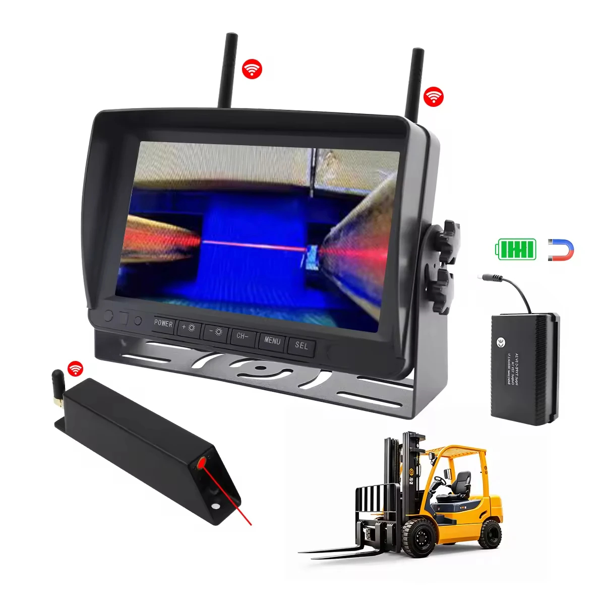 7 Inch Aluminum Alloy Forklift Camera System, 4CH AHD 1080P Monitor with Proximity Warning & Red Laser Line, IP69K Waterproof Safety System for 60V Forklifts