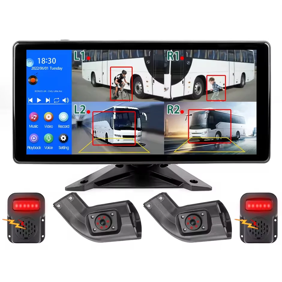 10.36 Inch IPS Touch Screen HD 4CH Monitor, AI BSD Blind Spot Alarm, DVR Recording & Night Vision Reverse Camera System for Trucks Buses