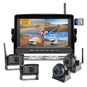 9V-35V Wireless 1080P Reverse Camera System 7-Inch TFT LCD Monitor 4CH Loop Recording Split Screen for Truck Bus