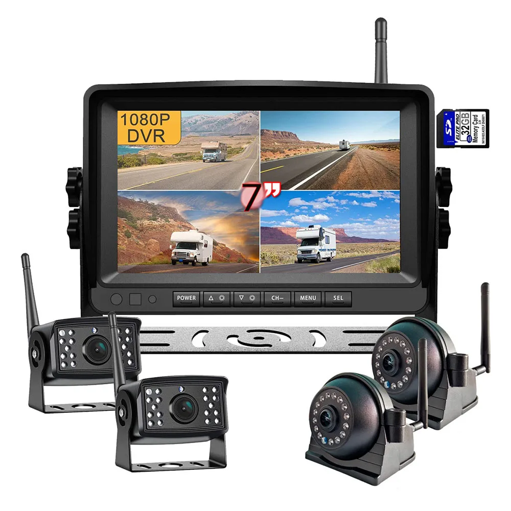 9V-35V Wireless 1080P Reverse Camera System 7-Inch TFT LCD Monitor 4CH Loop Recording Split Screen for Truck Bus