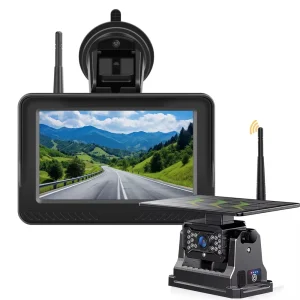 Solar Powered Wireless Backup Camera System, 5 Inch AHD Rearview Monitor, Waterproof Rechargeable Front & Reverse Camera for Camper, Truck, Trailer & RV