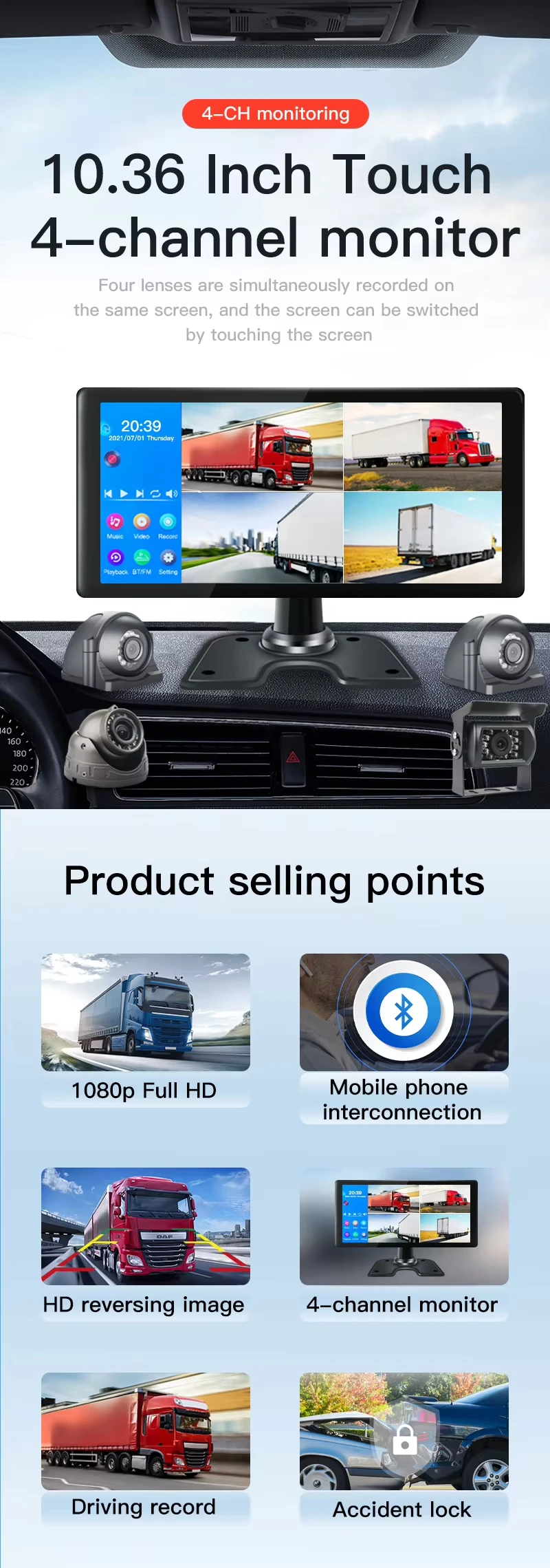 10.36 Inch IPS Touch Screen Truck Camera System