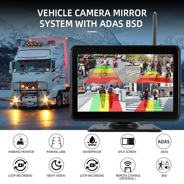 7 Inch 24V 4 Channels Wireless Rearview Camera Waterproof Touch Screen Monitor AI BSD Voice Alarm System for Truck - Image 5