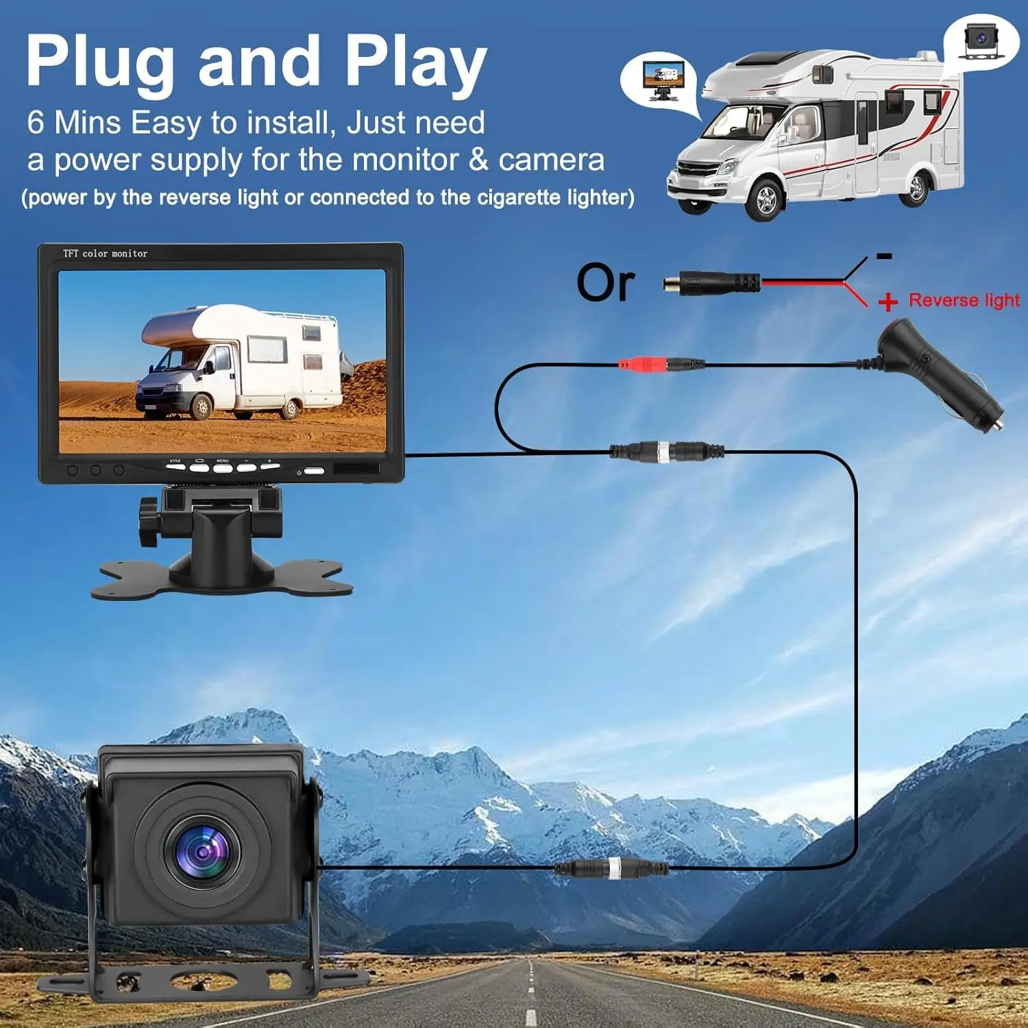 7 Inch 1080P HD LCD Monitor + Reversing Camera System, 170° Wide Angle, IP68 Waterproof Night Vision, 12V-24V Universal for Truck Van Trailer - Image 4