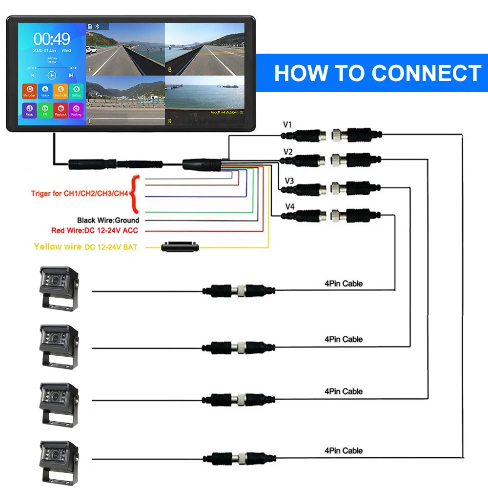 10.36" 4CH AHD 1080P Truck DVR Monitor System, Wide Angle Reverse Backup Camera System, HD Touch Screen Vehicle Surveillance for Truck, Bus, RV, Semi-Trailer - Image 5