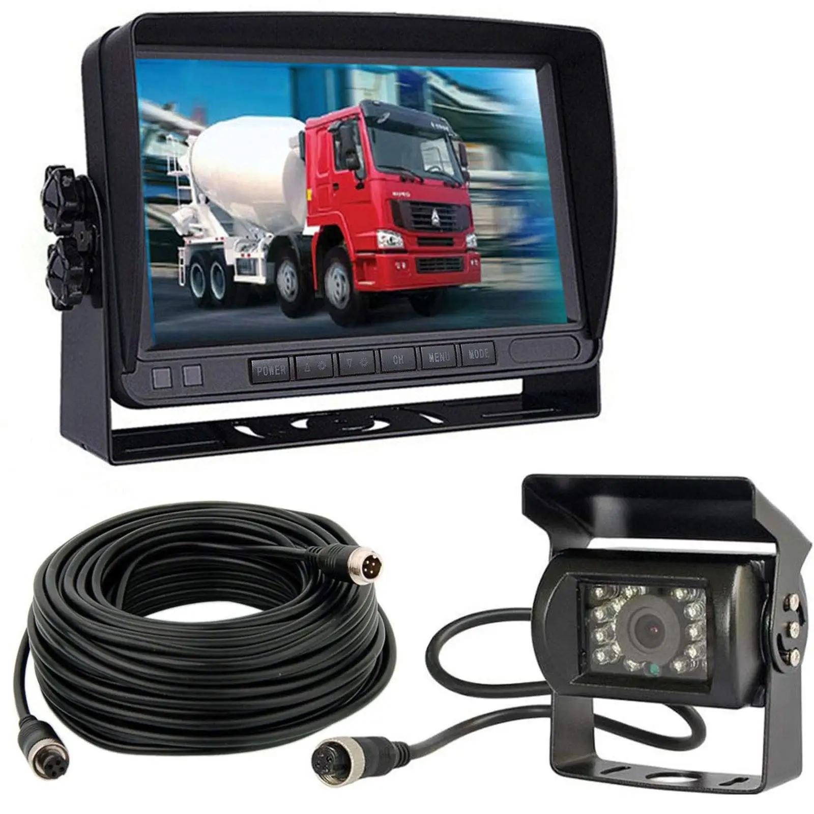 12V-24V 4 Pin Waterproof Rear View Camera 7 Inch HD Color Monitor 18 LEDs Night Vision for Caravan Motorhome Truck Trailer