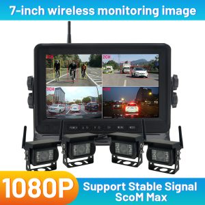 4 Channel Wireless Vehicle Security Camera System, 7" TFT LCD Screen with Built-in DVR for Heavy Duty Vehicles