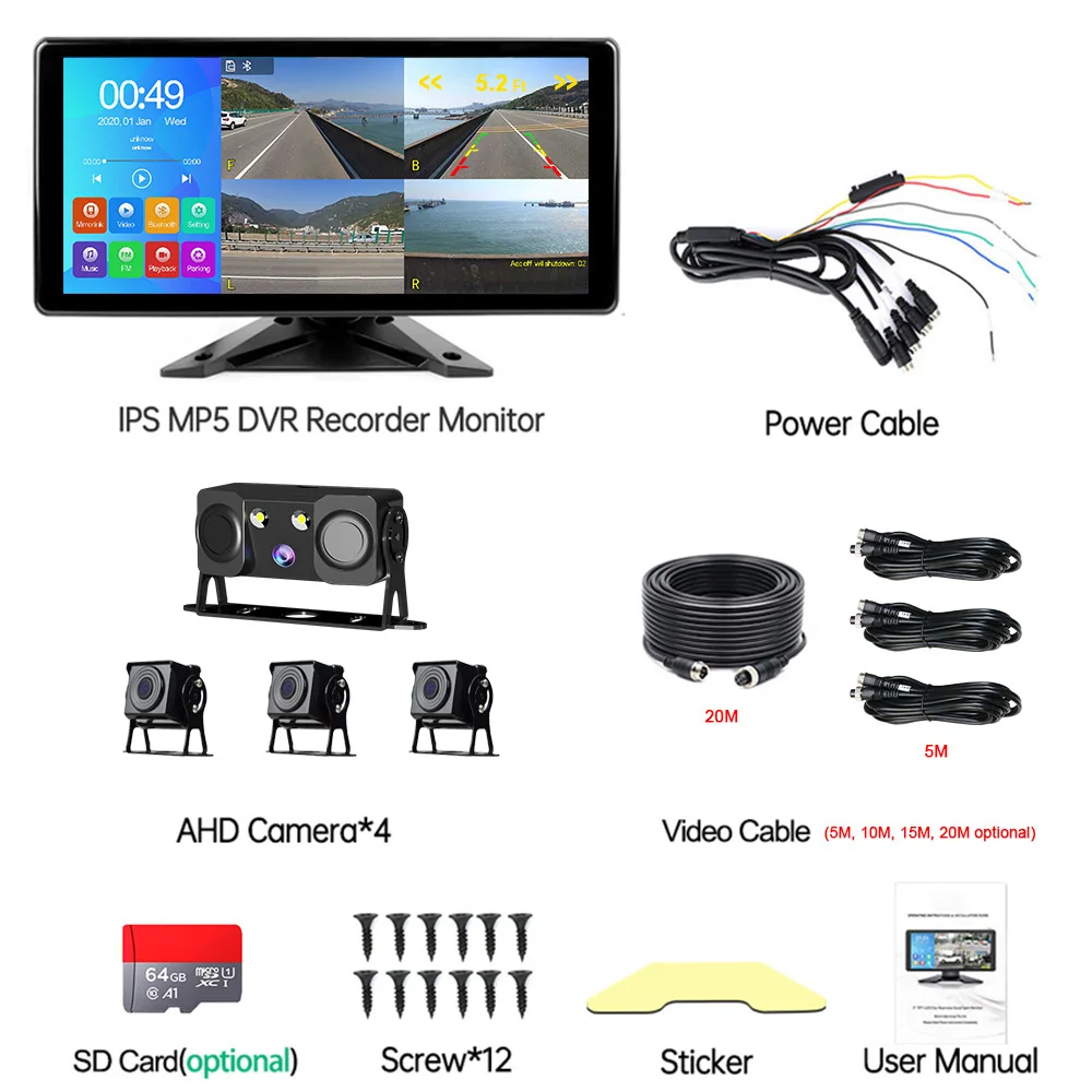 10.36" 4CH Truck Backup Camera System with DVR Monitor, HD Touch Screen Quad Split Screen Reversing System, Waterproof Rear View Camera Kit for Truck, Bus, RV - Image 6