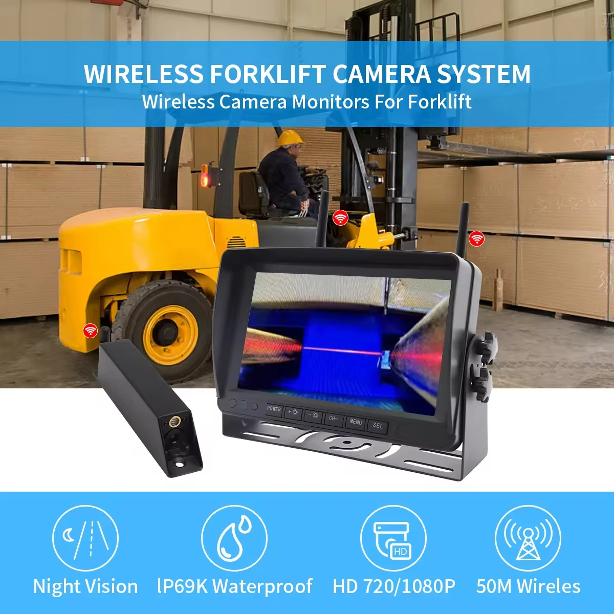 7 Inch Aluminum Alloy Forklift Camera System, 4CH AHD 1080P Monitor with Proximity Warning & Red Laser Line, IP69K Waterproof Safety System for 60V Forklifts - Image 5