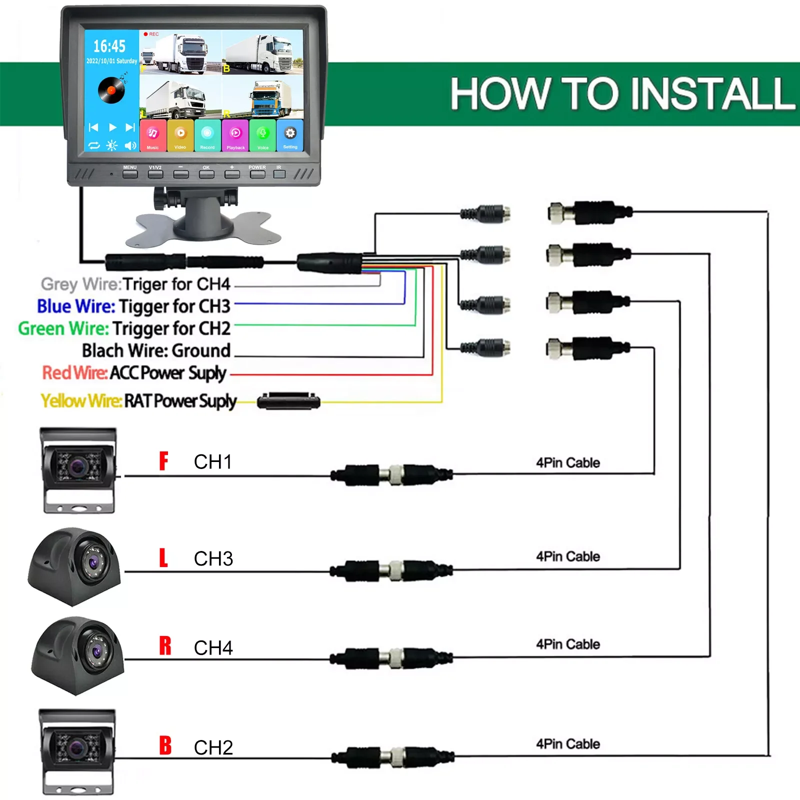 7 Inch 4CH 1080P QUAD Monitor DVR System
