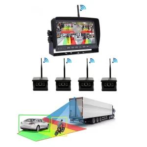 7 Inch Quad Camera Solar Wireless Backup Monitor Kit, Expandable Foldable Solar Panel, Multi View Monitoring, AI Safety Alert System for Heavy Duty Vehicle Truck Trailer RV