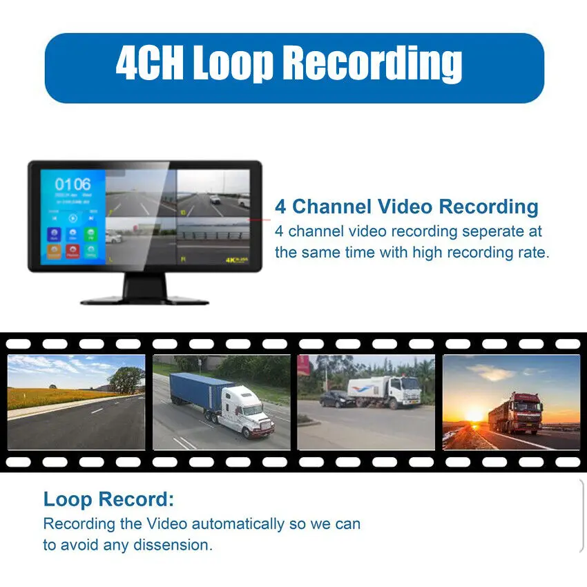 10.36 Inch Quad Screen Monitor 4CH HD Backup Camera 360° Panorama Parking DVR System Waterproof Reverse Camera Kit for Truck RV - Image 3