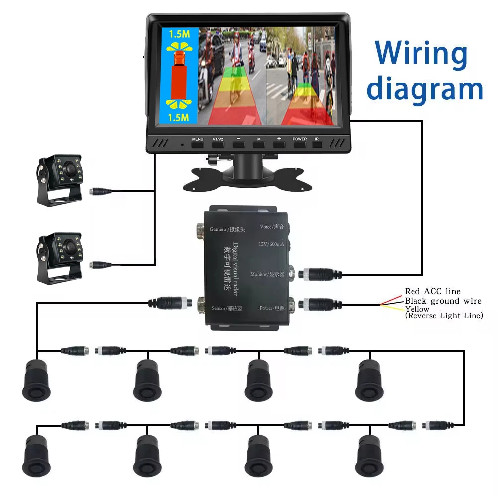 Fleet Vehicle Security System with 8 Parking Sensors, Dual Channel Digital Monitor & Auto-Trigger Backup Camera for Trucks, Buses, Commercial Fleets - Image 4